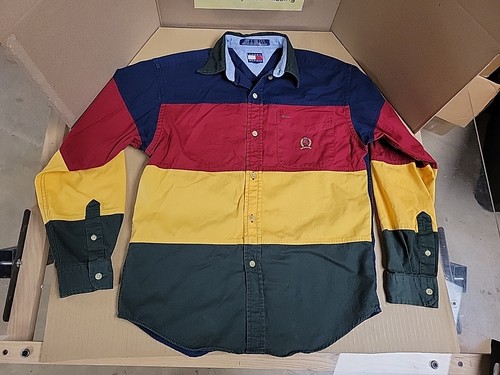 Vtg 90s Tommy Hilfiger Button Up Down Big Flag Logo Spell Out Shirt Youth Med - Picture 2 of 13