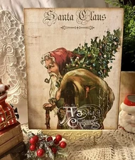 Victorian Joyful Christmas, Traveler Santa Claus, Handcrafted Plaque /  Sign