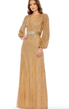 MAC DUGGAL 5718 SEQUINED WRAP OVER PUFF SLEEVE GOLD GOWN sz 18