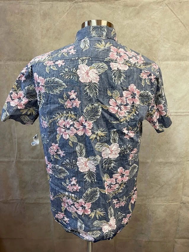 Camisa masculina American Rag azul botão frontal floral manga curta tamanho G - Imagem 3 de 4