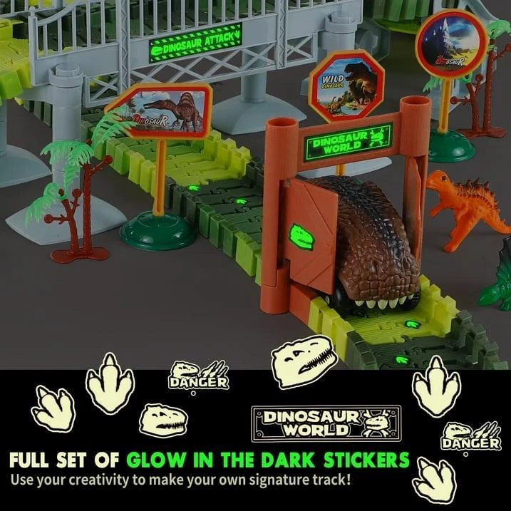 215 PCS Dinosaur Track Race Car Toy for Kids [Glow-in-the-Dark] Dino Playsets Xm - Image 2 of 4