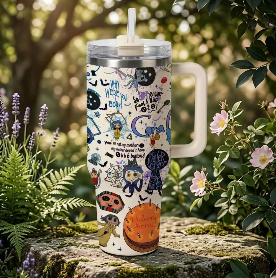 Coraline Durable Insulated Tumbler 40oz with Handle and Lid, Spooky Cat Pattern