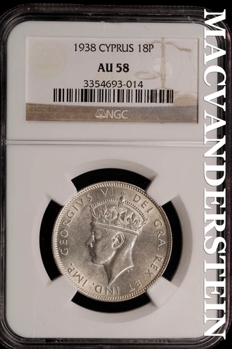 Cyprus: 1938 Eighteen Piastres - NGC AU 58 - Scarce  No Reserve  #SLi475