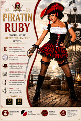 Piratin Ruby Damenkostüm Rot Schwarz Piratenkostüm Karneval Fasching