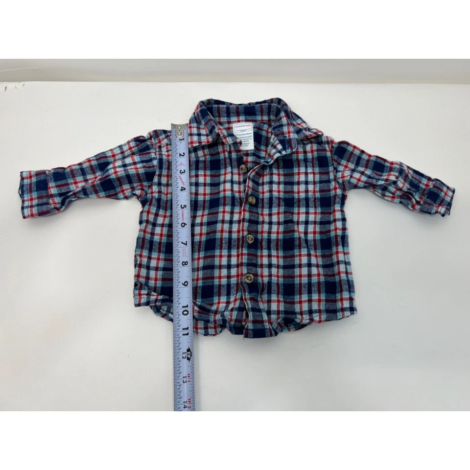 Wonder Kids Shirt Blue Red Navy Plaid Button Front Long Sleeve Boys 6/9 Months - Image 3 of 4