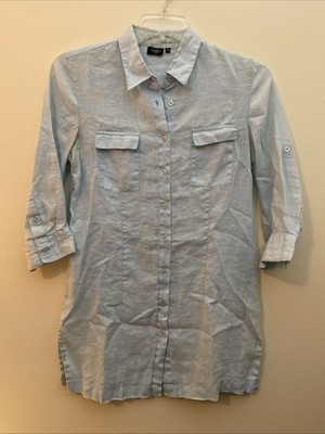 Bexleys Woman 100% Linen Shirt Womens 38 Button Up Roll Tab Sleeve Beach Blue