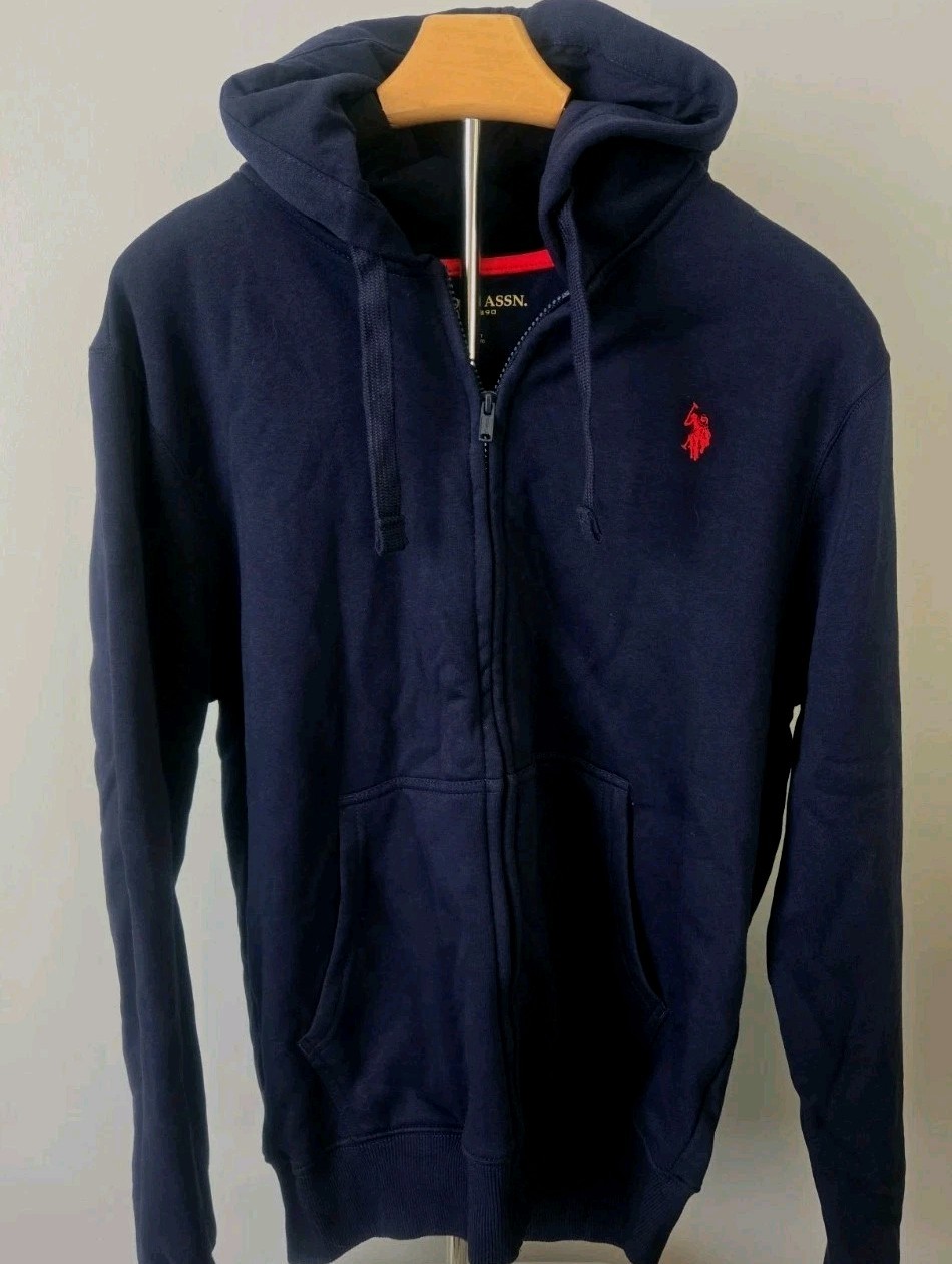 U.S. Polo Assn Mens Medium Navy Full Zip Hoodie Sweatshirt Red Pony Logo Hooded