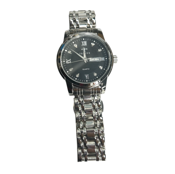 TRSOYE tono plateado cuarzo día-fecha esfera negra pulsera de acero inoxidable reloj de vestir 3