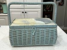 Teal Blue Woven Wicker Sewing Basket With Floral Print And Handle, Tray Inside