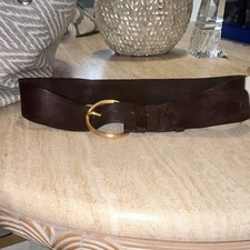 PRADA Brown Wide Waist Belt 90/36 Designer Solid Pattern Gold Brass Buckle Women