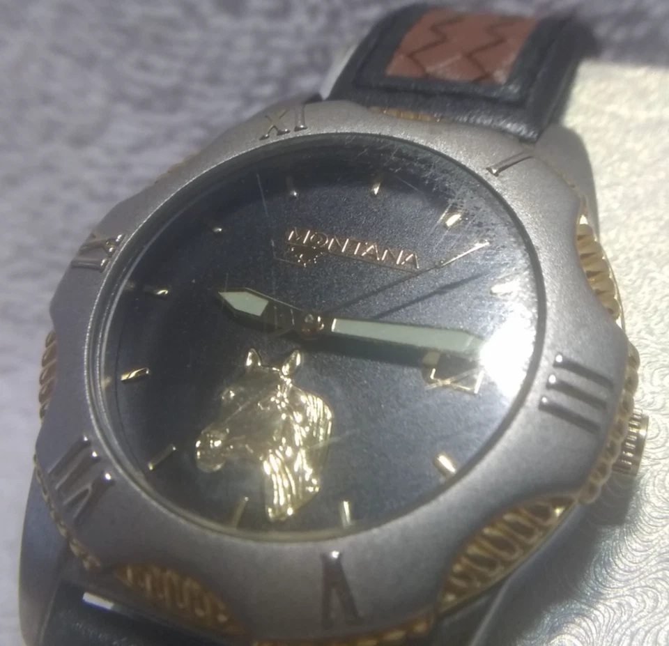 Montana Silversmiths Gold Horse Head Watch Men Brown Leather New Bat Date Great Foto 4 de 4