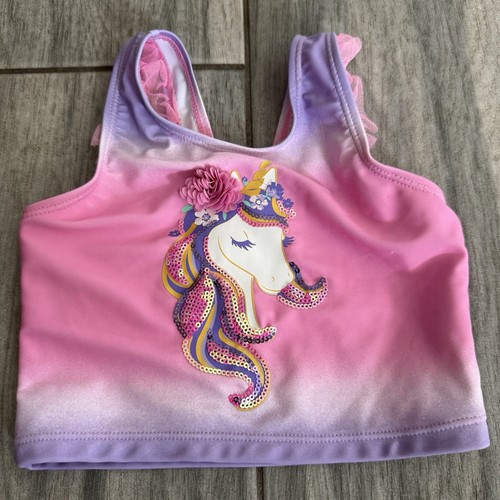 Girls Cynthia Rowley Pink Unicorn 2 Piece Swimsuit Size 5 Ruffles Tutu Swimwear - Picture 2 of 11