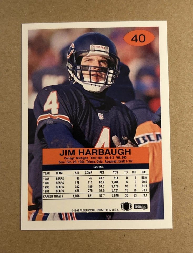1992 Fleer #40 Jim Harbaugh Football Card - Image 2 of 2