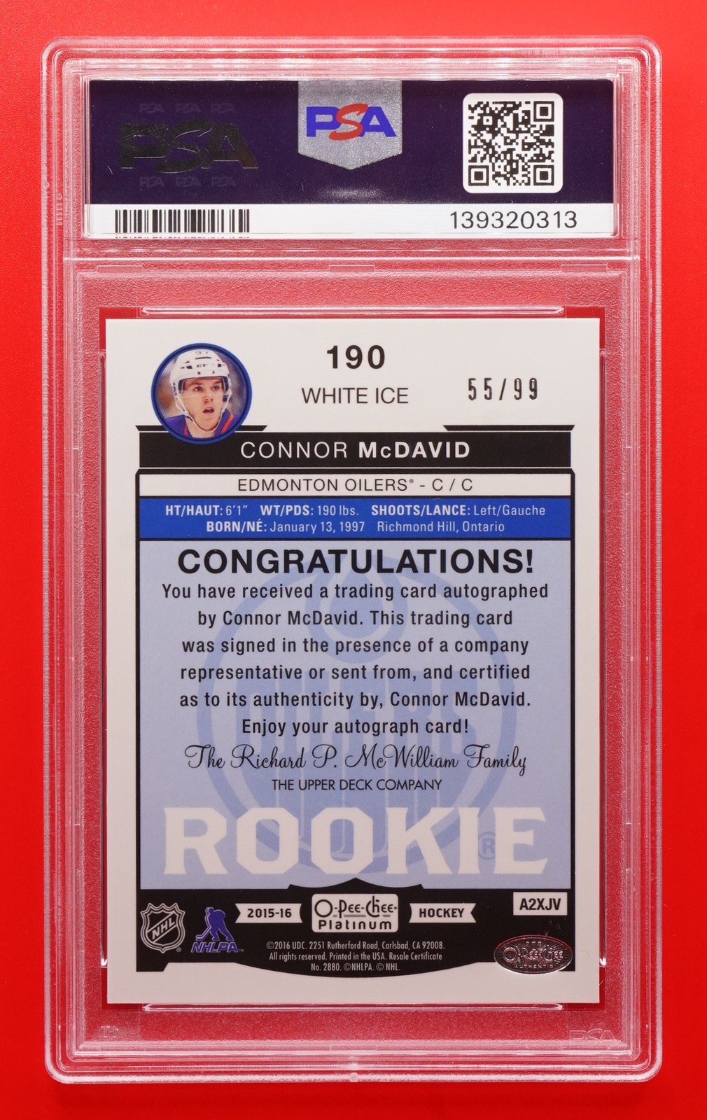 2015-16 OPC Platinum #190 Connor McDavid Rookie Auto White Ice #/99 PSA 10 view 2