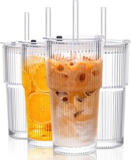 KEMORELA 2 Stück Trinkbecher mit Deckel und Strohhalm aus Glas, 600ml Gerippte 