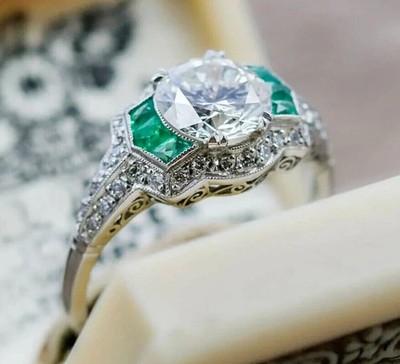2Ct Art Deco Style Lab Created Diamond Engagement 14K White Gold Finish Ring