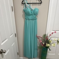 XSCAPE Aqua One Shoulder Formal Dress with Rhinestone Embellishments