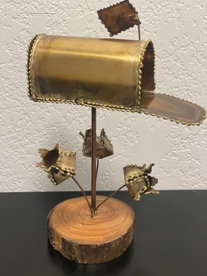 Mid-Century Brutalist Brass Mailbox Sculpture w/Flowers Wood Base, 1960-70s MCM