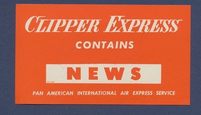 Pan Am Airlines - Clipper Express News Freight Tag - 3x5 inch