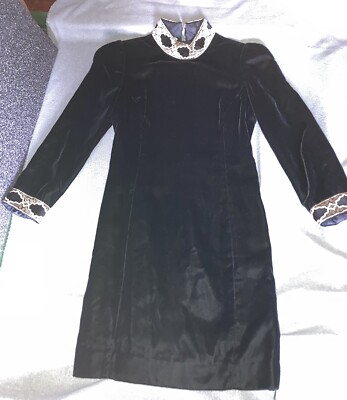 ALBERT NIPON 80’s VINTAGE BLACK VELVET DRESS w/ GOLD TRIMMED HIGH COLLARED  NECK