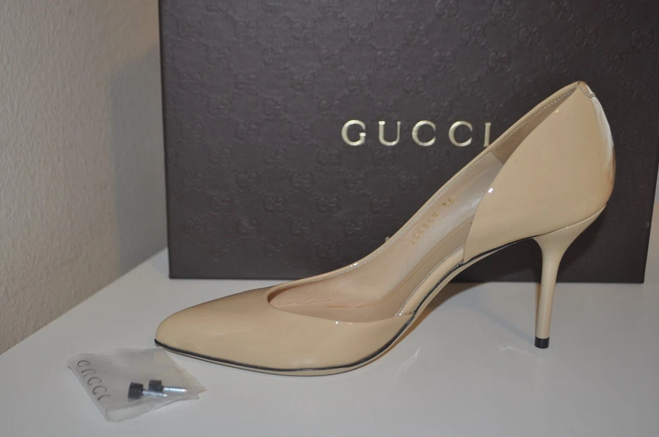 Escarpins GUCCI Noah cuir breveté d'Orsay talon chaussure beige pointe orteil nu EU 36