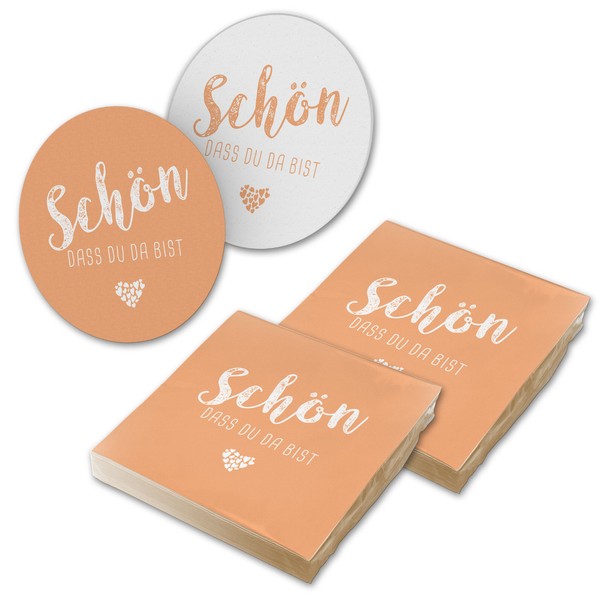 Itenga 40X Serviette SchöN Dass Du Da Bist Apricot Orange Mit 40X Bierdeckel Set-image