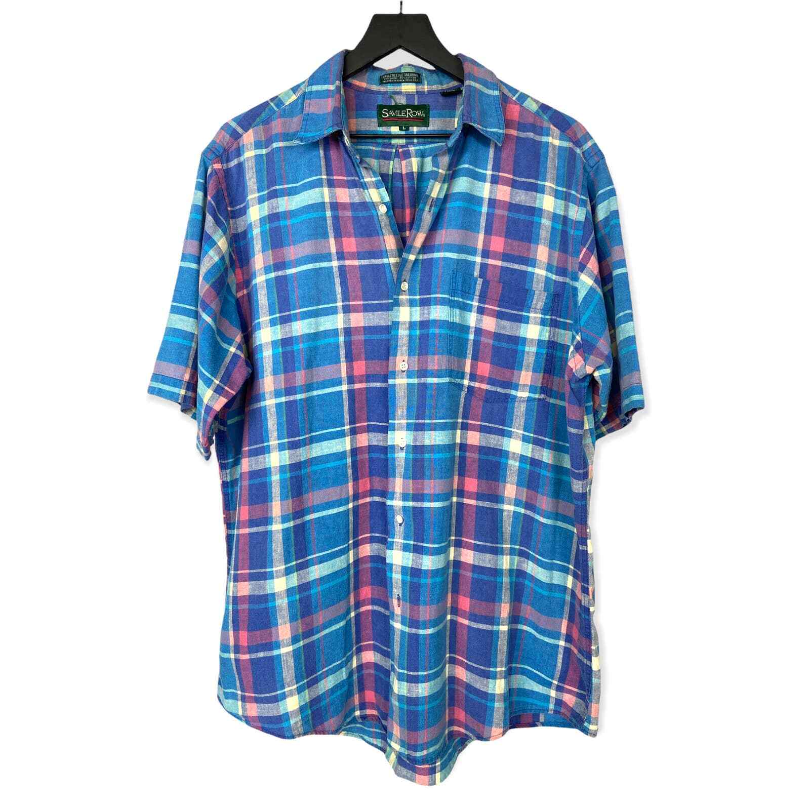 Camicia papà vintage Savile Fila misto lino a quadri manica corta blu pastello uomo L