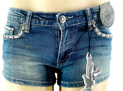 PLATINUM PLUSH LADIES SUGAR SKULL RHINESTONE DENIM 5 POCKET SHORTS