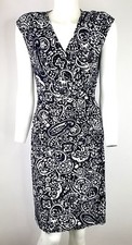 Chaps Dress Small Ruched Midnight Blue and White Faux Wrap Floral Paisley Print 