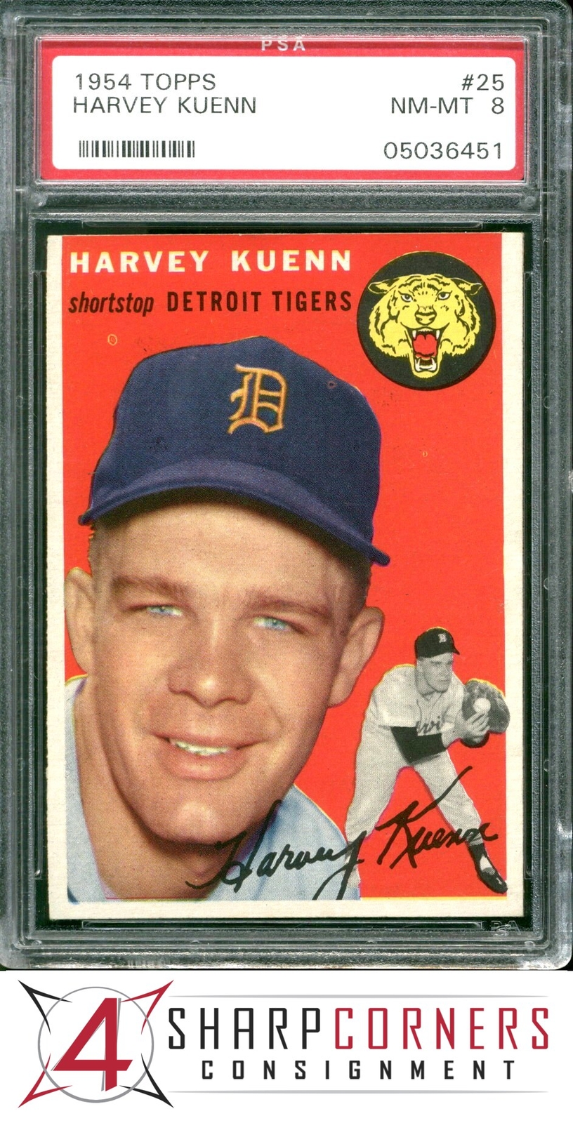 1954 TOPPS #25 HARVEY KUENN RC TIGERS PSA 8