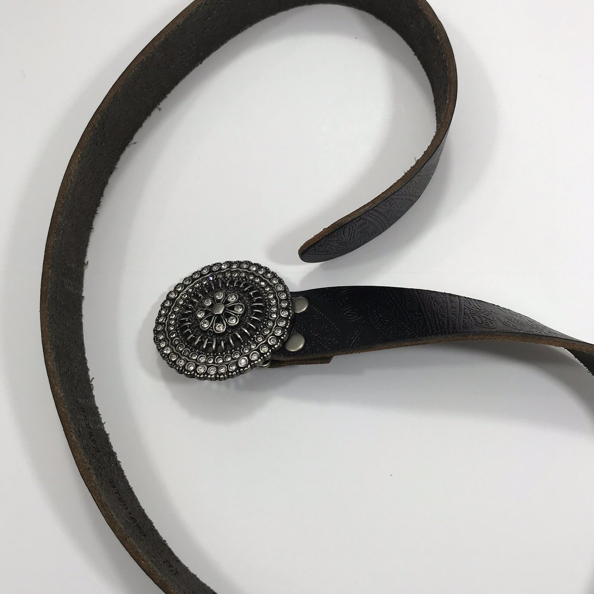 Vintage Fossil Size M Belt Embossed Leather Silver Metal Rhinestone Buckle Fossil Rhinestone Solid Belts for Women for sale | eBay main image 3