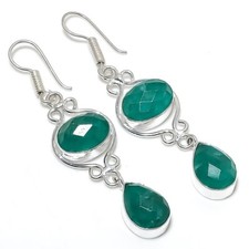 Green Jade Gemstone Handmade 925 Sterling Silver Jewelry Earring Size 2.4"