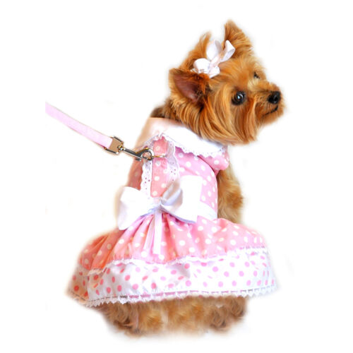 Doggie Design Pink Polka Dot & Lace Dog Dress & Matching Leash   XS-S-M-L-XL - Afbeelding 1 van 3
