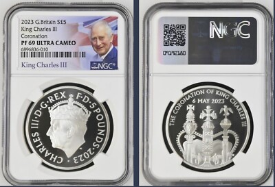 2023年英国S£5キングチャールズ IIIコロネーション NGC PF69公式 2023 UK S£5 KING CHARLES III CORONATION NGC PF69 UC FR (RARE KCIII