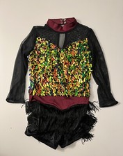 Weissman Girls Dance Costume Tap Jazz fringe flapper maroon black long sleeve MC