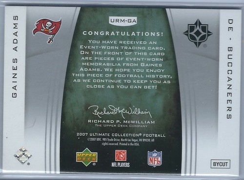 2007 Ultimate Football Gaines Adams Buccaneers Ultimate Materials Rookie Card - Picture 2 of 2