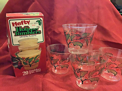 Vtg Hefty Holiday Tumblers Crystal Plastic Christmas Cups NOS In Box Holly Mobil