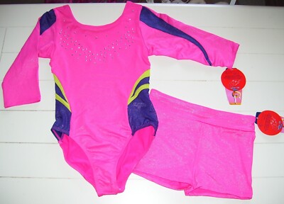 Freestyle by Danskin 2 Pc Pink Gymnastic Leotard & Shorts Sz M 7-8 or L 10-12