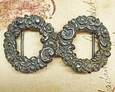 Elegant Antique 2-Piece Sterling Silver Floral Wreath Clasp Belt Buckle  Signed
