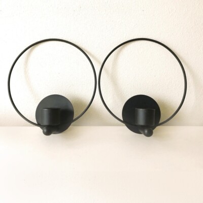 Pair/2 BLACK METAL Open Circle 11'' Round Candle Stick Holder Sconces Wall Mount