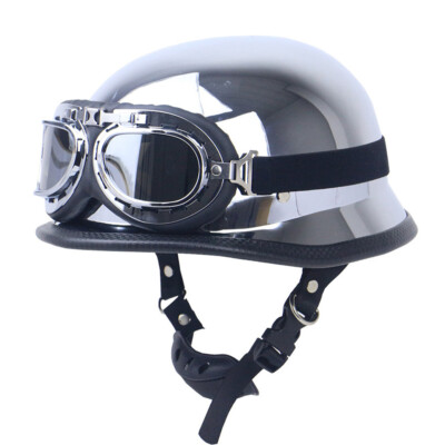 DOT German Motorcycle Half Helmet w/Goggles Chrome Silver Chopper Scooter Helmet