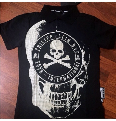 NWT $785 Philipp Plein SS Crystal Embellished Skull & Bones Polo Shirt - Sz Med - Picture 3 of 12