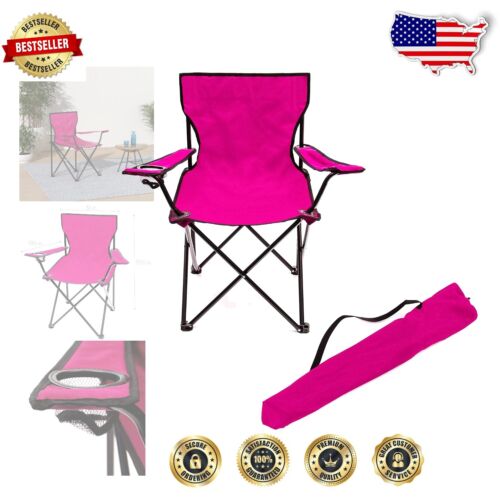 Durable Pink Folding Camp Chair with Weather-Resistant Fabric & Cup Holder
