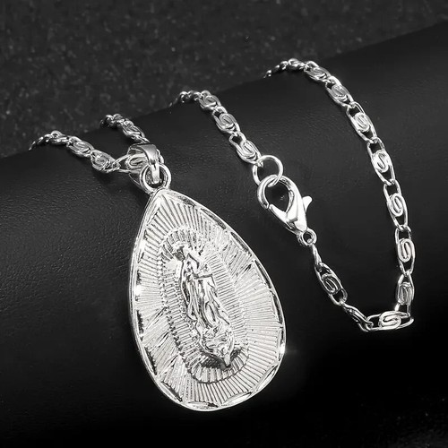 925 Sterling Silver Catholic Saint Virgin Mary New White Topaz Pendant Necklace