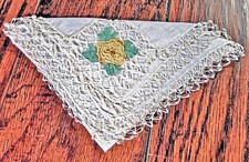 Vtg Hanky Irish Linen Handmade Lace 3-Dimensional Peach-Pink Rose 117