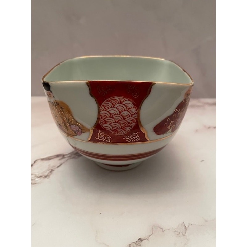 Vintage Japanese Kutani Square Hand-Painted Porcelain Bowl