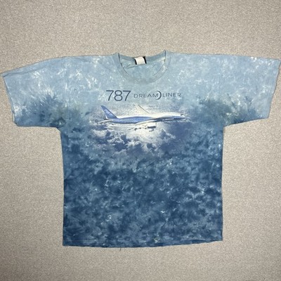 Vintage Boeing 787 T Shirt Size Extra Large Tie Dye Liquid Blue Airplane