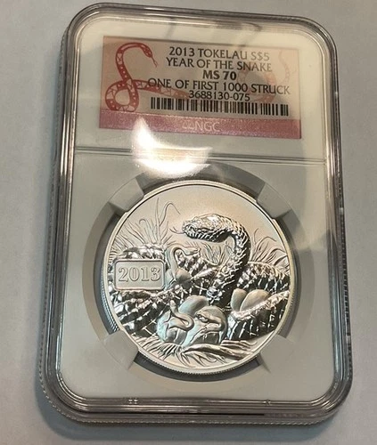 2013 Tokelau Year of the Snake 1ST 1000 Struck $5 1oz .999 Silver Coin NGC MS70