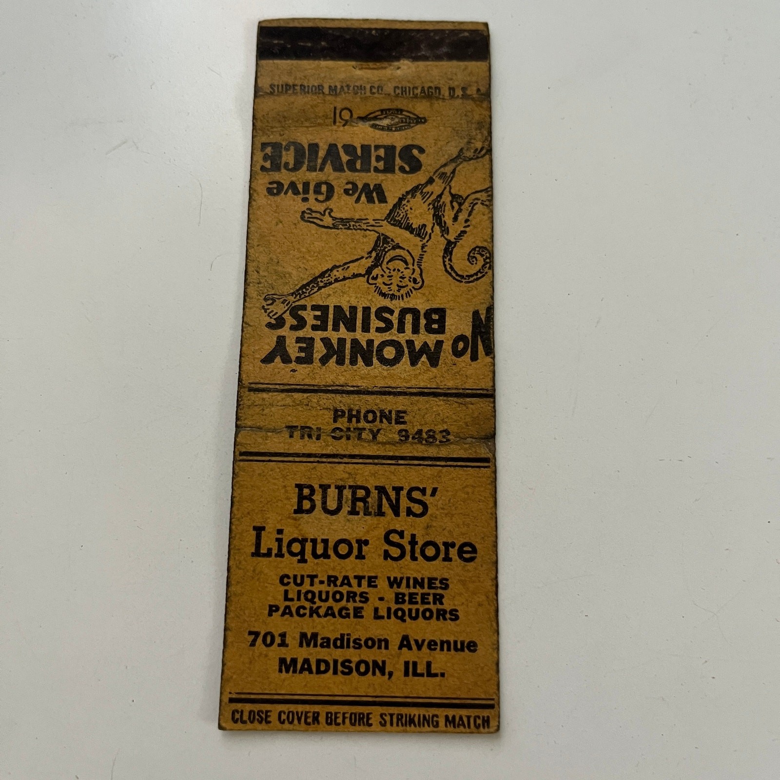 Burns' Liquor Store Cut-Rate Wines Madison IL Vintage Matchbook Cover SMB10-6