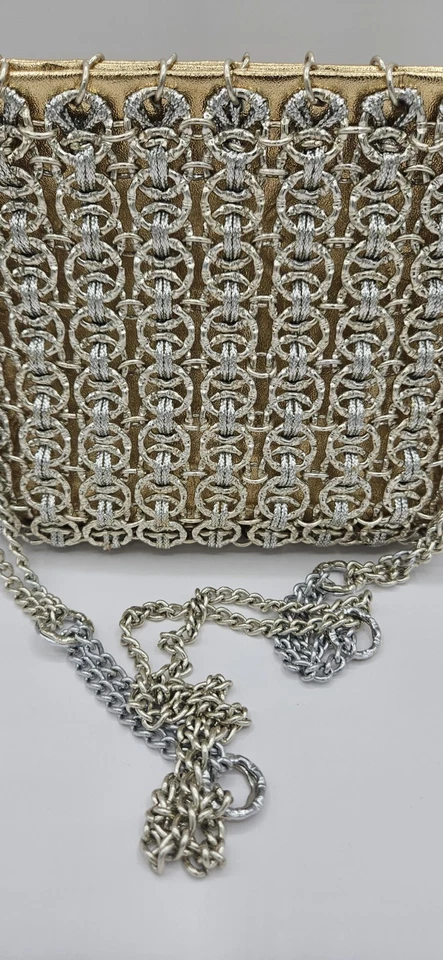 Bolsa de mão vintage Walborg Paco Rabanne anos 60 prata ouro metal corrente correio elo - Imagem 2 de 4